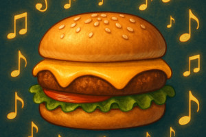 Picture of a cheeseburger surrounded by musical notes