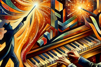 Picture of someone playing the piano and someone holding a magic wand