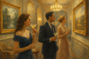 Picture of art enthusiasts with cocktails in hand