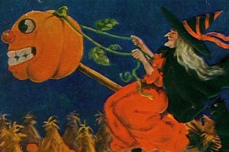 Picture of a Halloween postcard of a witch on a broomstick